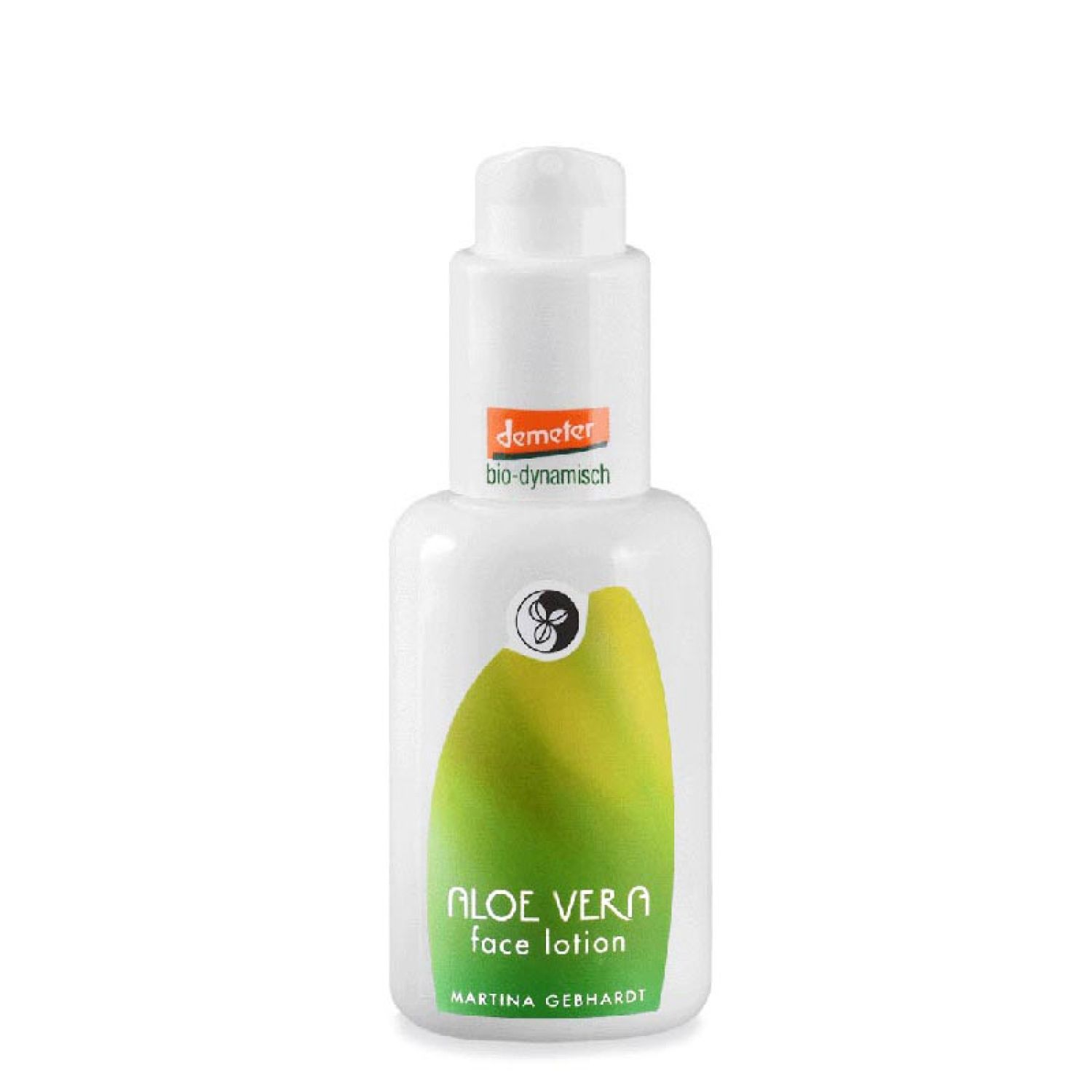 Flacone bianco di lozione per il viso all'aloe vera. Scritta: Aloe Vera, Martina Gebhardt. Sigillo Demeter.