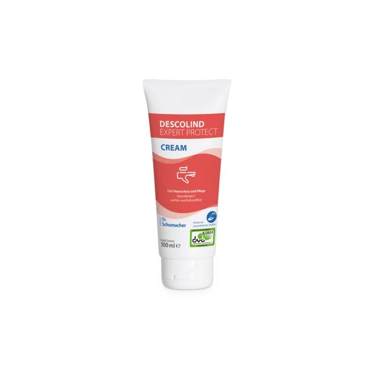 Creme-Tube mit roter und weißer Beschriftung. Text: DESCOLIND EXPERT PROTECT CREAM. Logo und Qualitätszeichen.