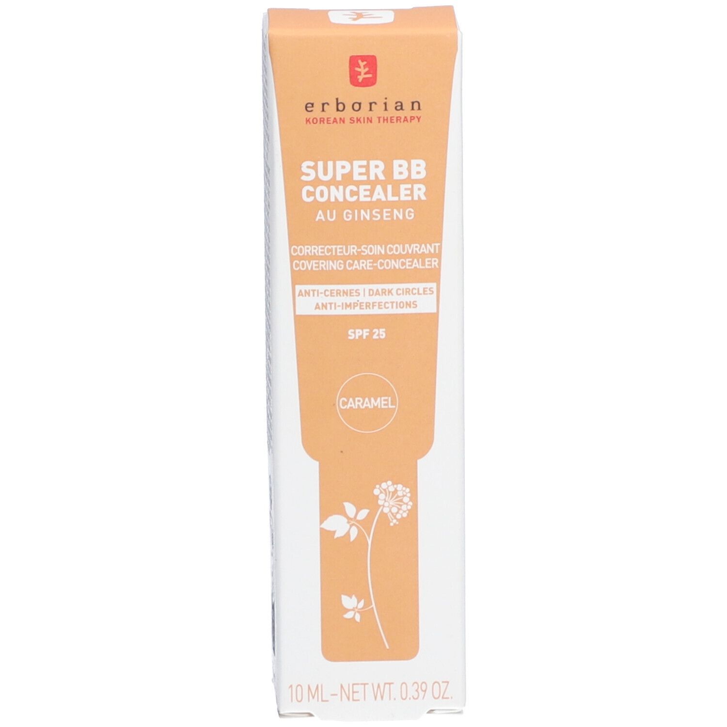 Karton mit Aufschrift: SUPER BB CONCEALER, KARAMELL. Marke: Erborian. Enthält SPF 25.