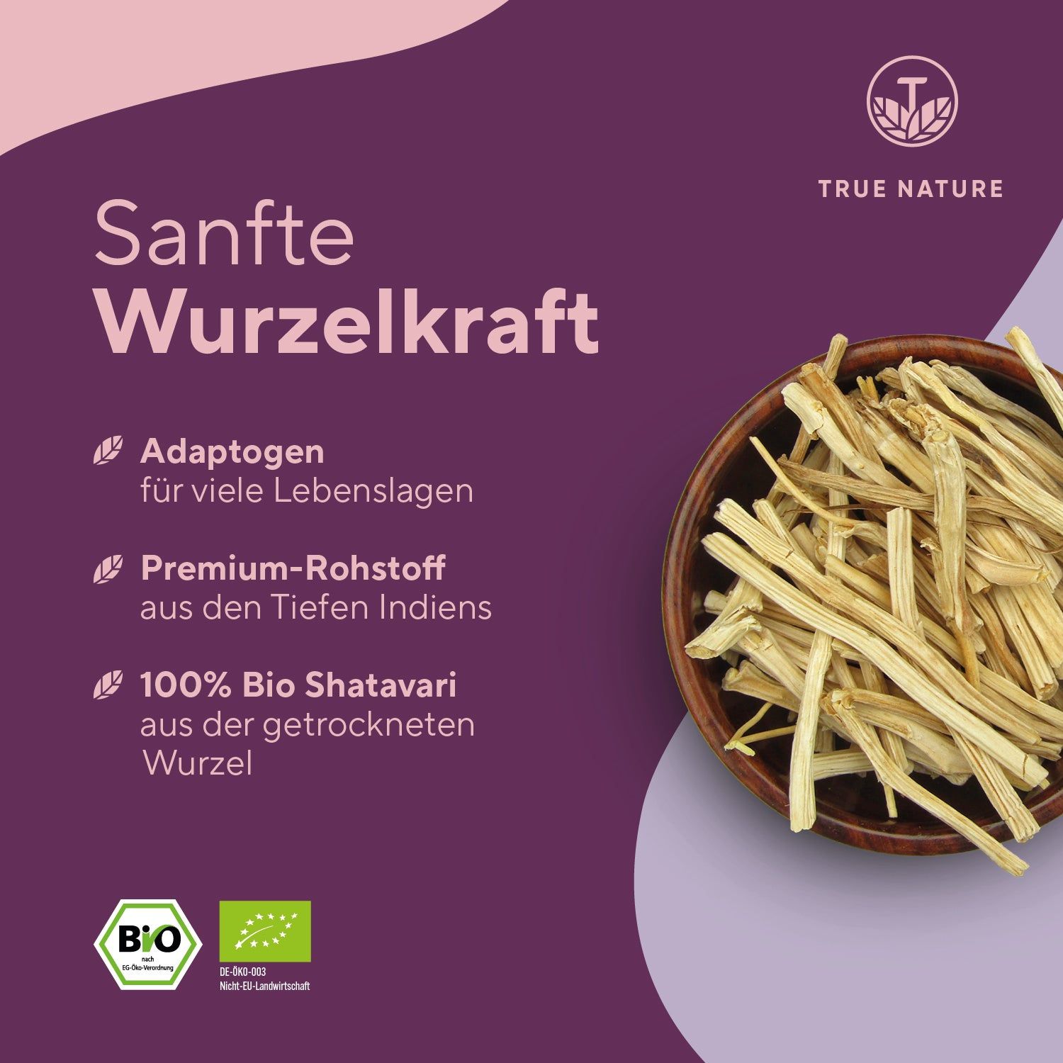 Holzschale mit getrockneten Shatavari-Wurzeln. Text: Adaptogen, Premium-Rohstoff, 100% Bio Shatavari.