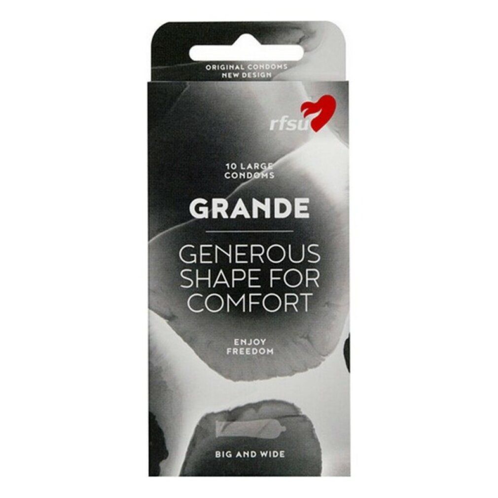 Verpackung mit Kondomen. Marke rfsu, 10 Stück, "Grande" für mehr Komfort. Schwarze und weiße Gestaltung.