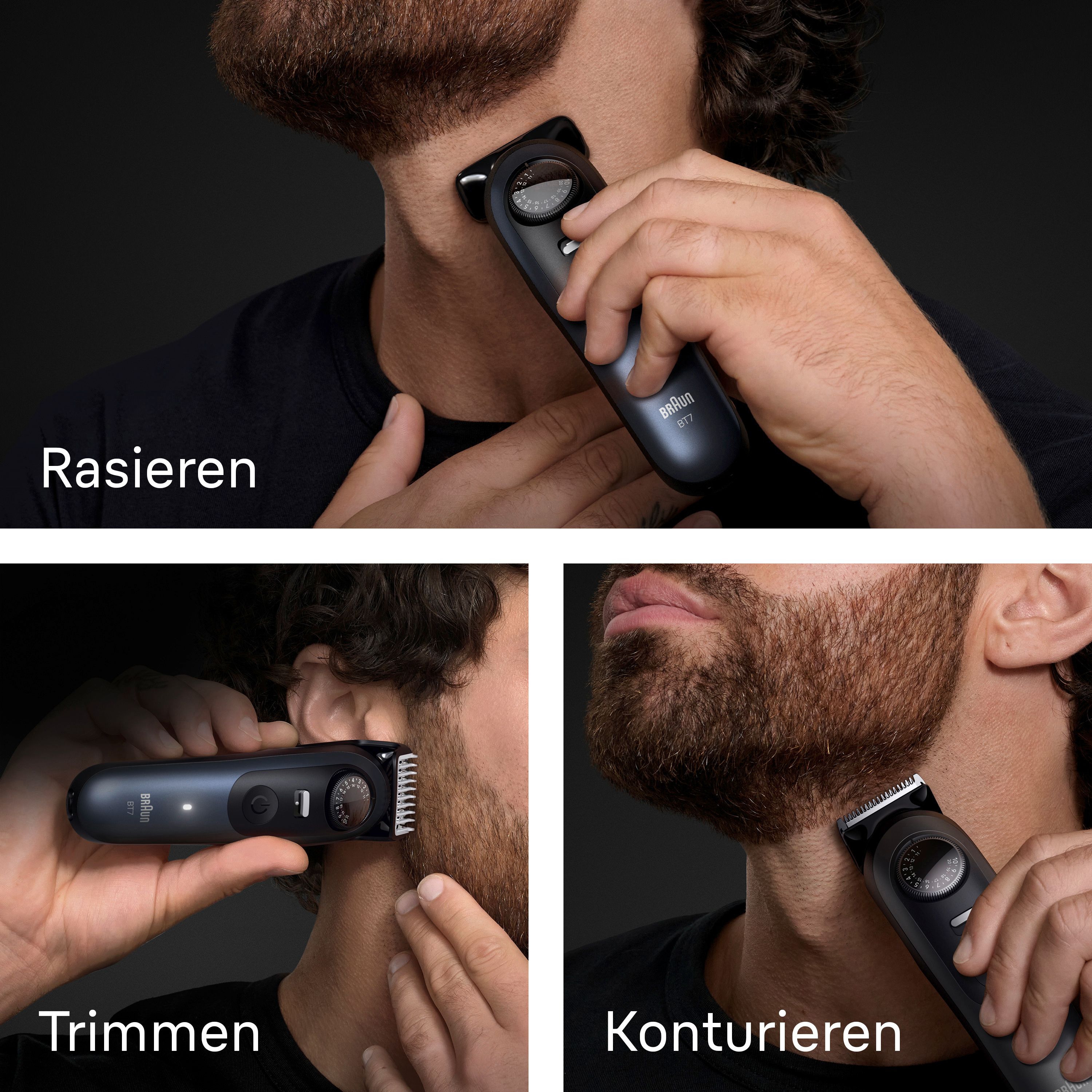 Anwendung des Barttrimmers. Rasieren, Trimmen und Konturieren. Marke: Braun.