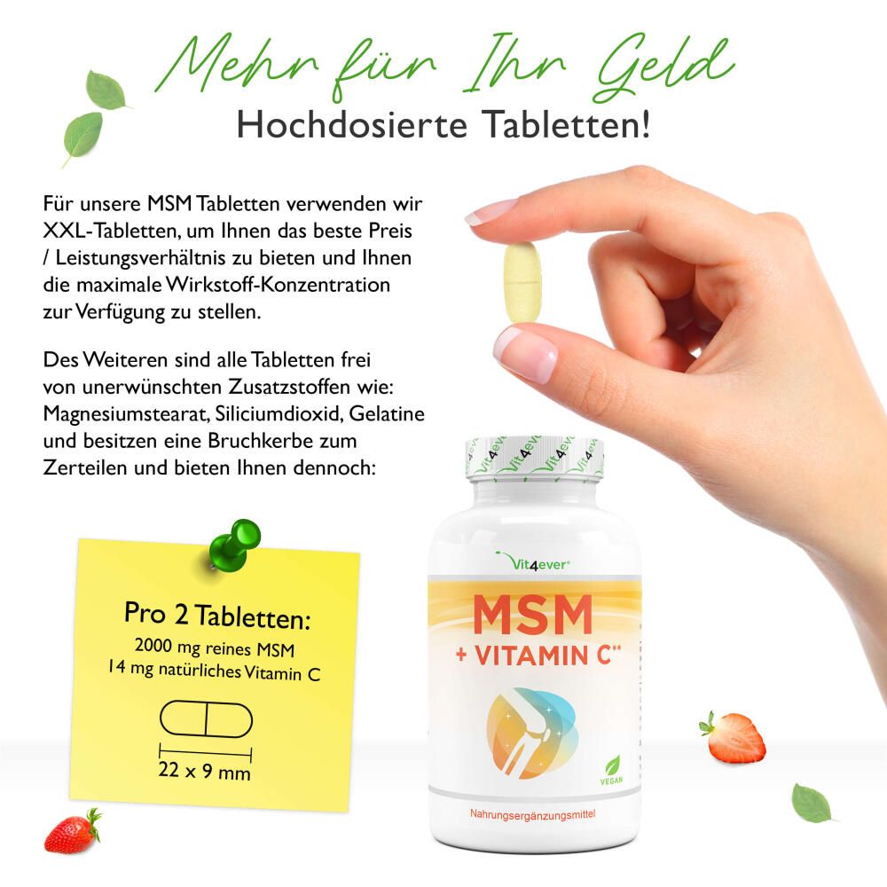 Hand hält Tablette. Flasche mit MSM + Vitamin C. Gelbes Post-it mit Infos: 2000mg MSM, 14mg Vitamin C. Maße: 22x9mm.
