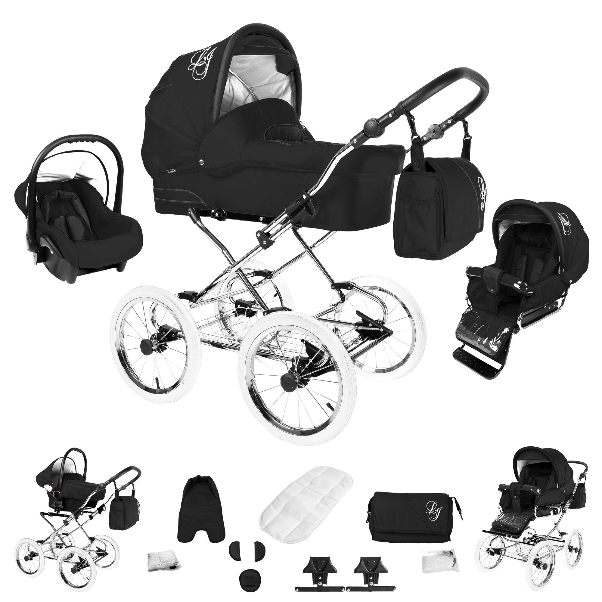 Bebebi Loving 3 in 1 Kinderwagen Set Nostalgie Kinderwagen, Black Tender Peak