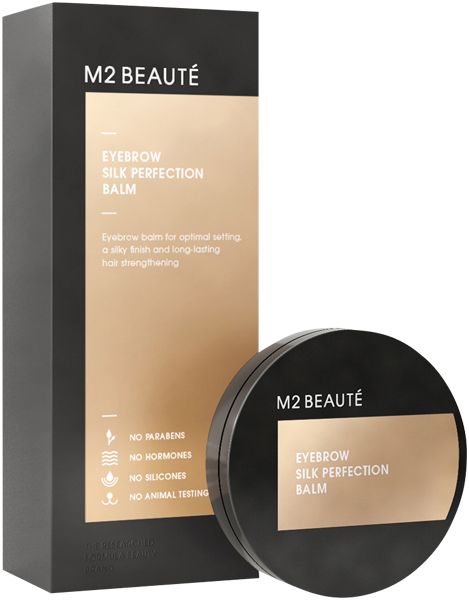 Schwarze Verpackung und Tiegel von M2Beauté Eyebrow Silk Perfection Balm. Aufschrift: „NO PARABENS, NO HORMONES, NO SILICONES, NO ANIMAL TESTING“.