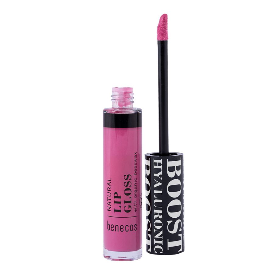 Benecos Natural Lipgloss in Pink Blossom: Flasche und Applikator mit rosa Glanz.