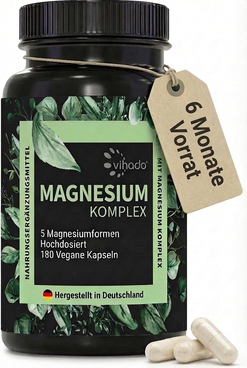 Magnesium Komplex hochdosiert, 5-in-1 Matrix, 668,7 mg Magnesium, 180 Kapseln, Made in DE von Vihado 160,9 g Kapseln