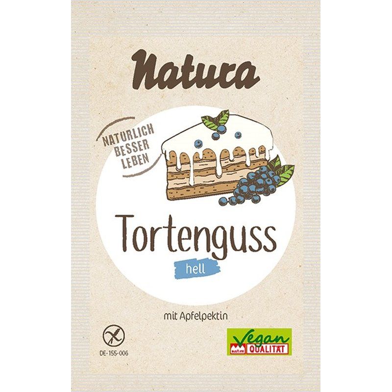 Verpackung mit Aufschrift Natura Tortenguss hell. Abbildung einer Torte mit Blaubeeren. Vegan-Qualitätssiegel.