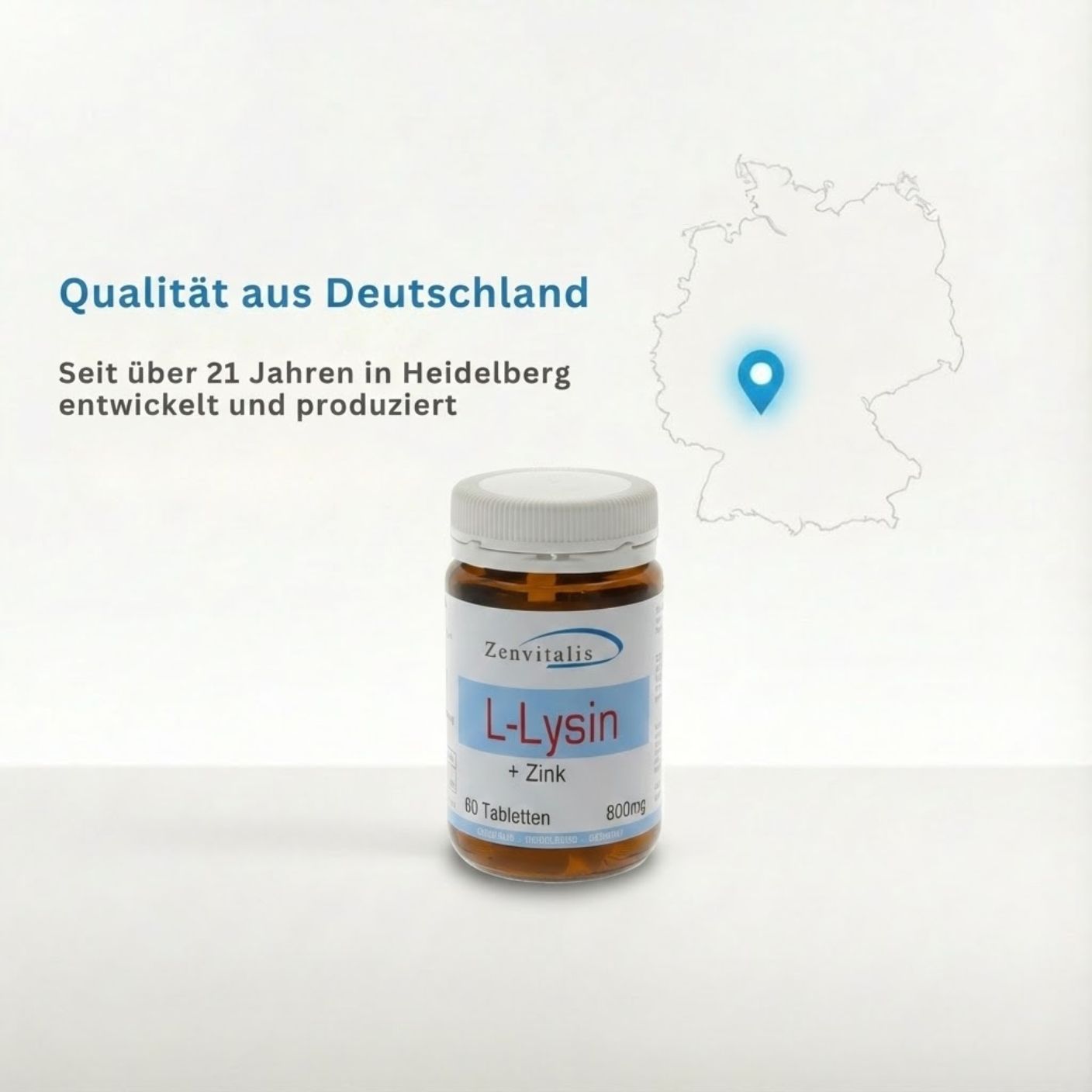 Braune Flasche mit weißem Deckel. Aufschrift: L-Lysin + Zink, 60 Tabletten, 800mg. Text: Qualität aus Deutschland. Karte von Deutschland.