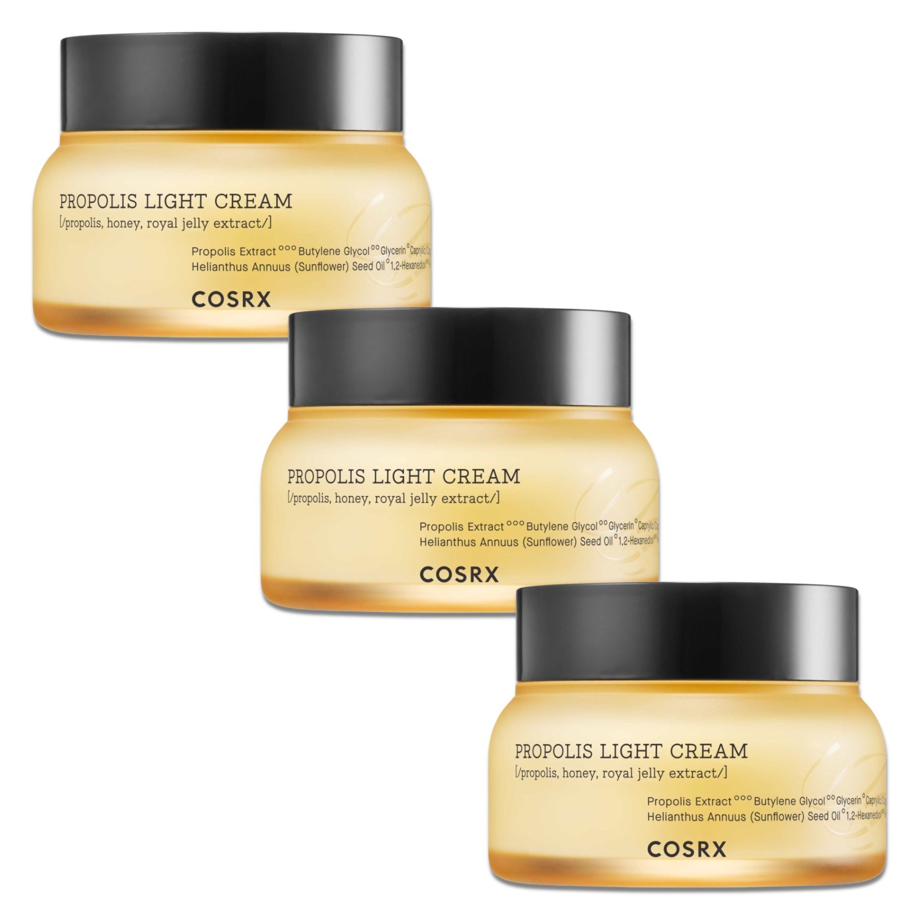 Drei Tiegel COSRX Propolis Light Cream. Gelbes Glas, schwarzer Deckel. Text auf Etikett.