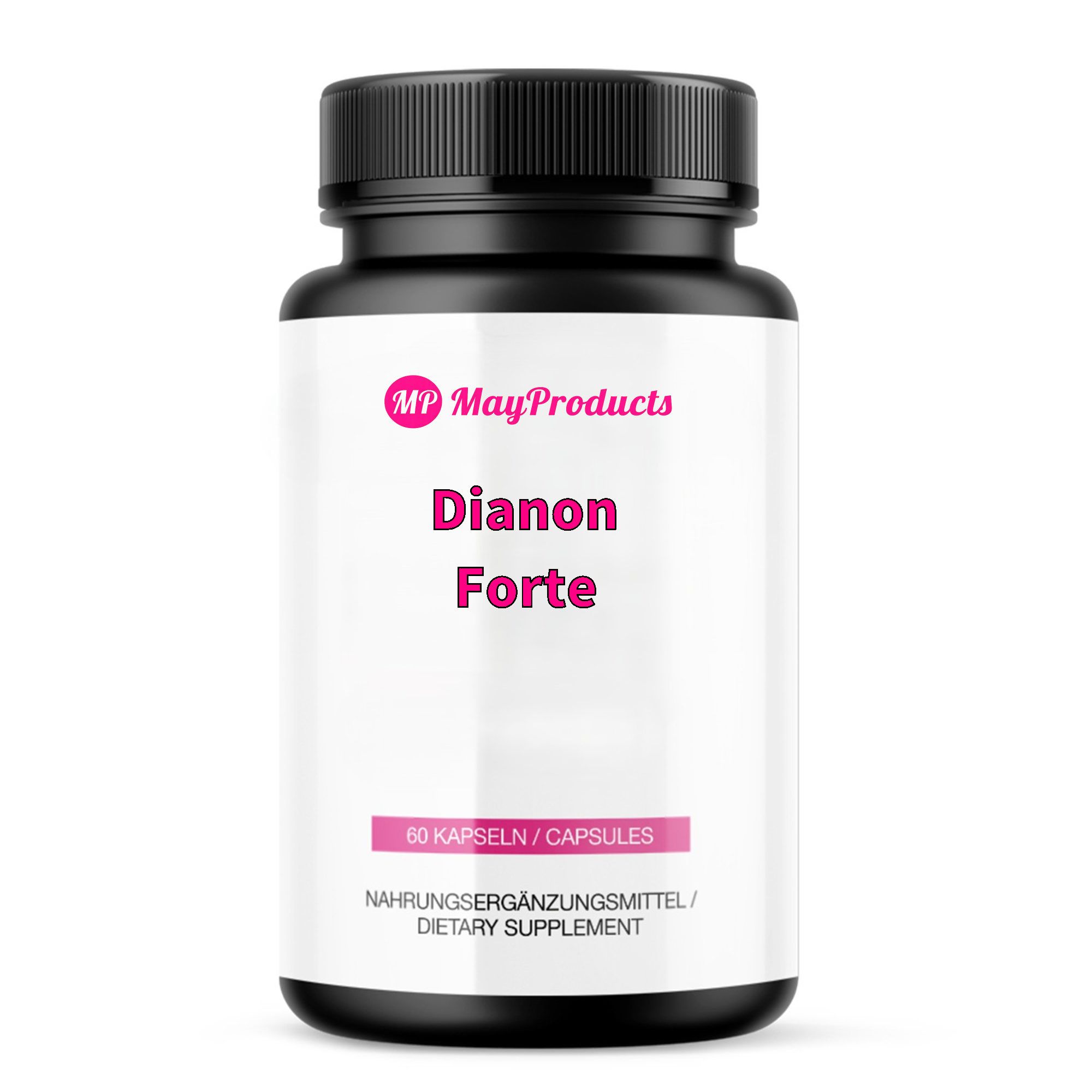 Eine weiße Flasche mit schwarzem Deckel. Aufschrift: Dianon Forte, 60 Kapseln, Nahrungsergänzungsmittel. Marke: MayProducts.