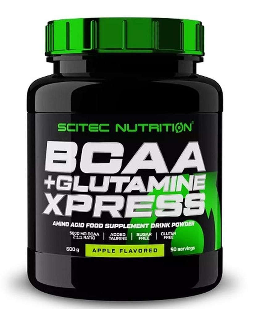 Schwarzer Behälter mit grünem Deckel. Aufschrift: Scitec Nutrition BCAA + Glutamine Xpress. Apfelgeschmack. 50 Portionen.