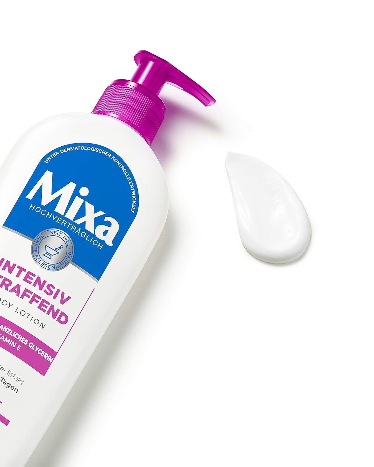 Mixa Intensiv Straffend Body Lotion Flasche mit einem Klecks Lotion daneben. Pumpkopf und Produktlogo sichtbar.