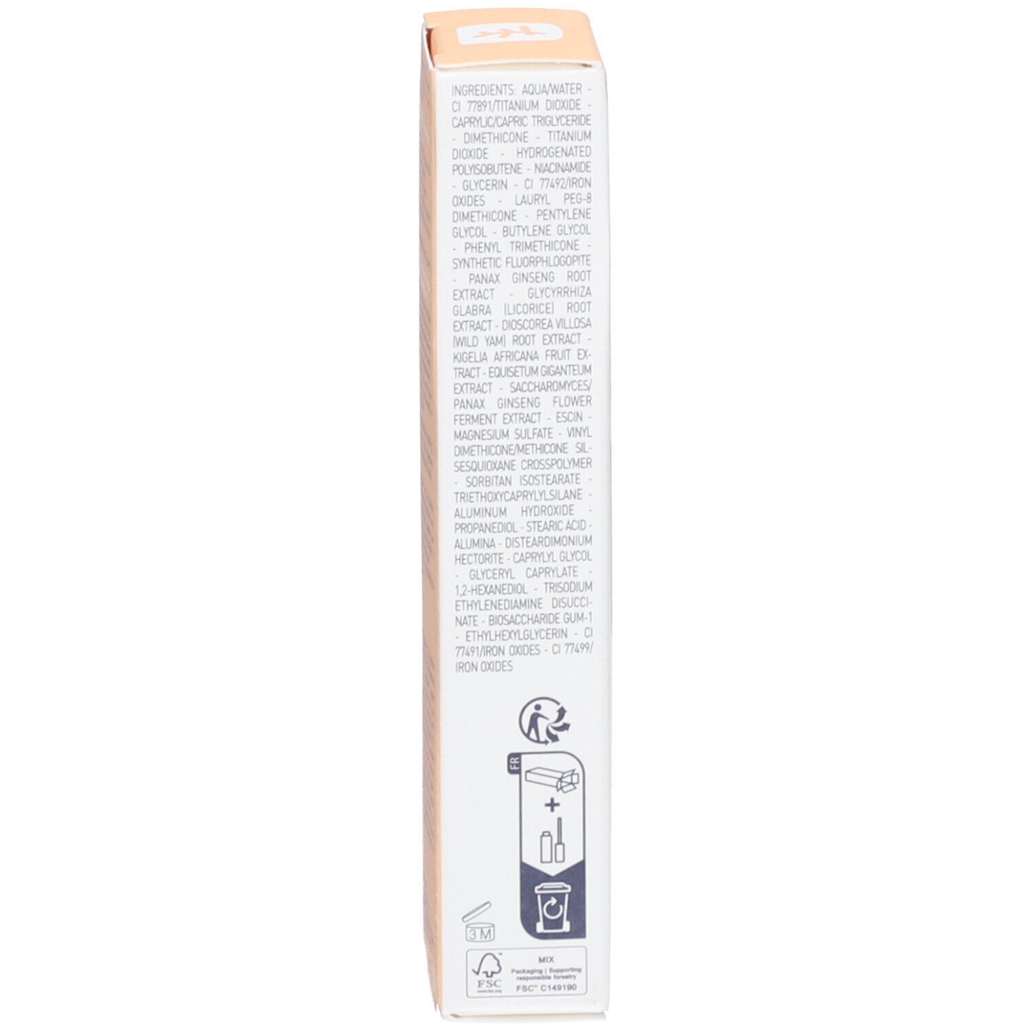 Seite der Verpackung mit Inhaltsstoffen und Anwendungshinweisen. Text in mehreren Sprachen. Recycling-Symbol.