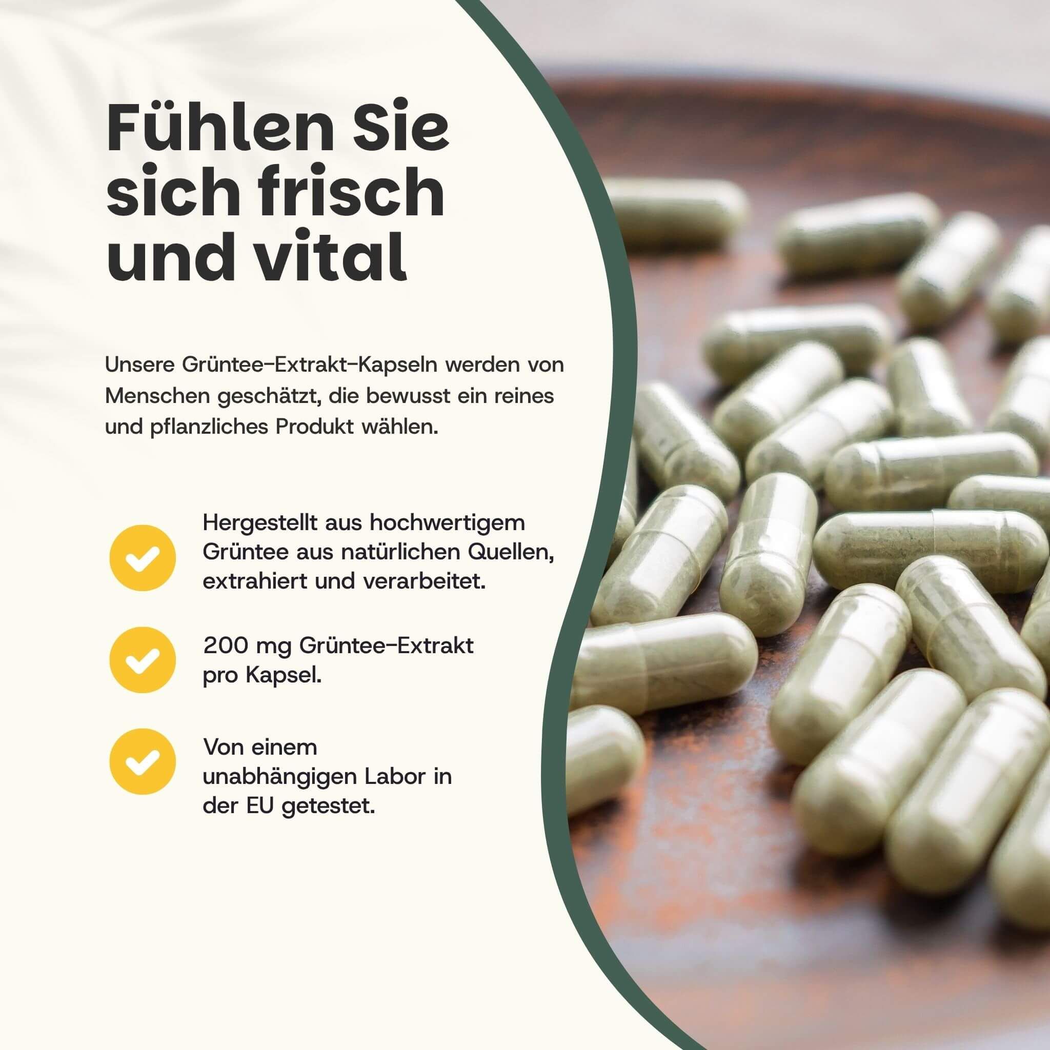 Braune Tüte mit grünen Kapseln. Text: 100% natürliche Grüntee-Kapseln. 200 mg pro Kapsel. 60 Kapseln.