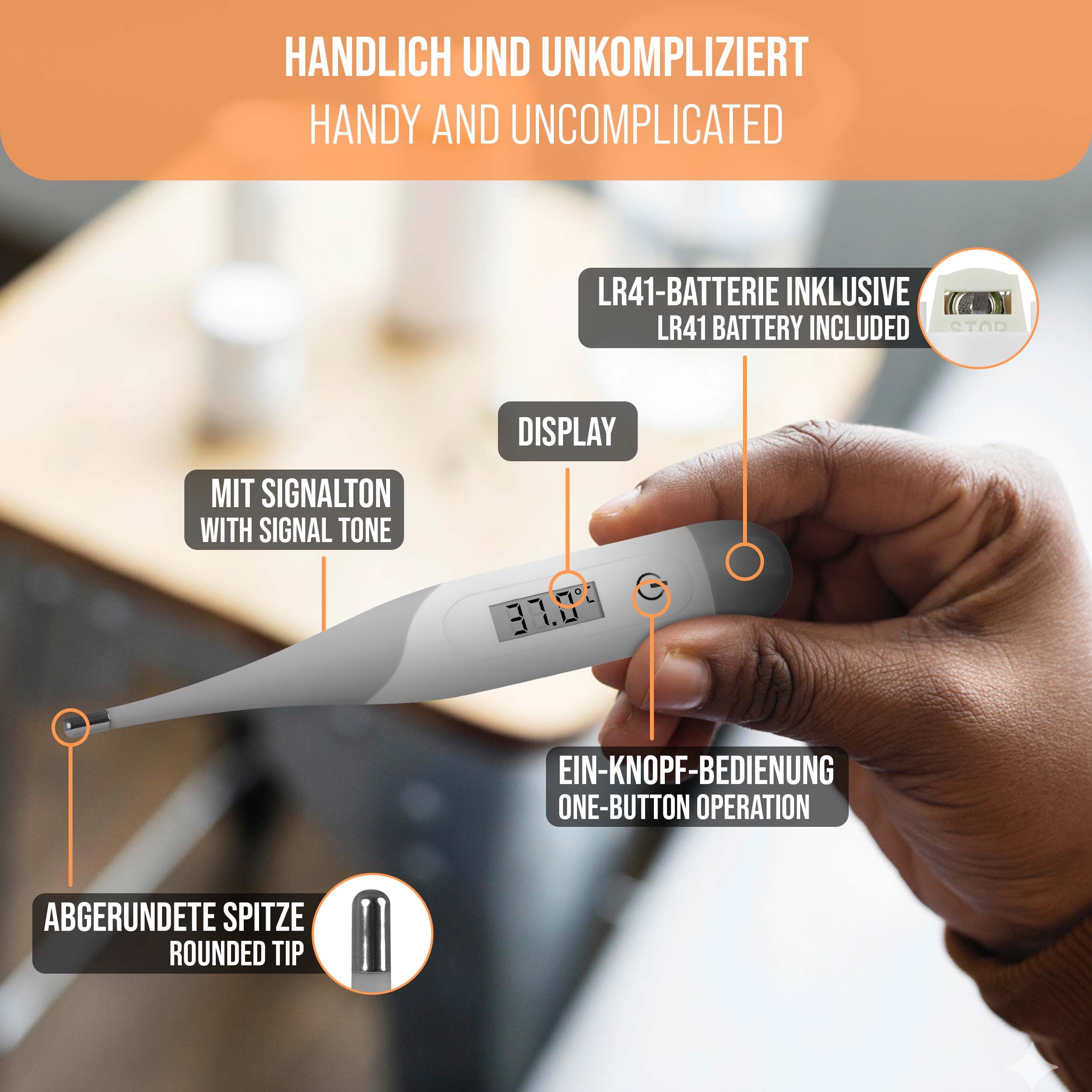 Thermometer in Hand gehalten. Zeigt Display mit Temperatur. Beschriftung: 'LR41-Batterie inklusive', 'Display', 'Ein-Knopf-Bedienung'.