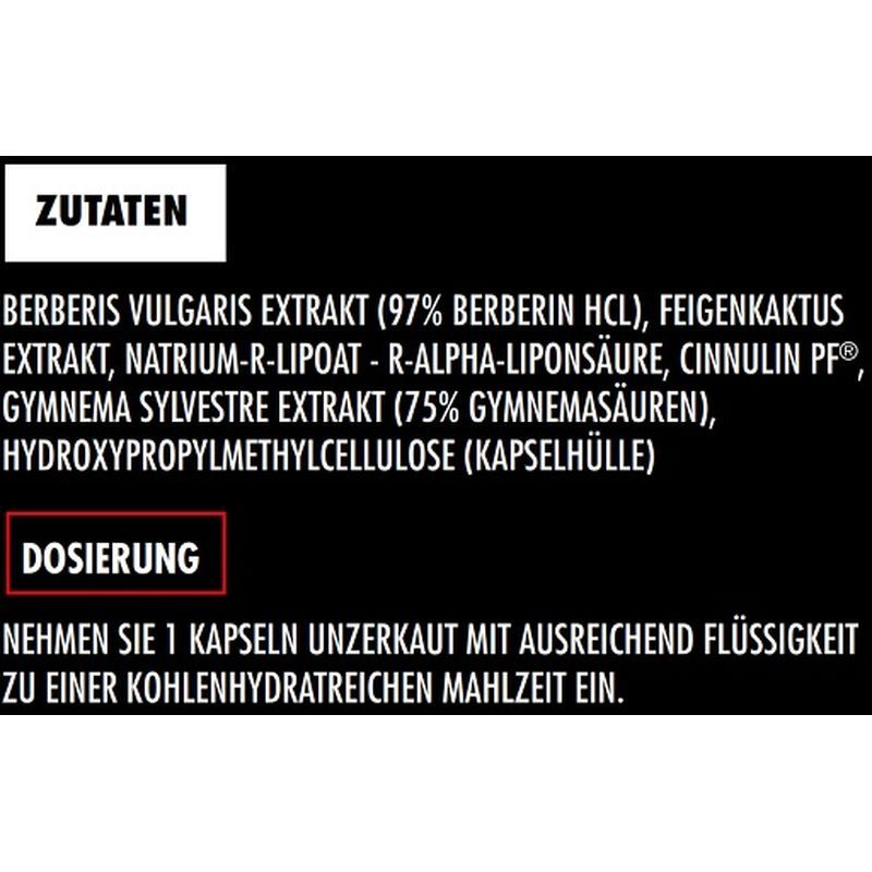 Schwarzer Hintergrund mit weißem Text. Zutatenliste: Berberis Vulgaris Extrakt, Feigenkaktus Extrakt, etc. Dosierung: 1 Kapsel.