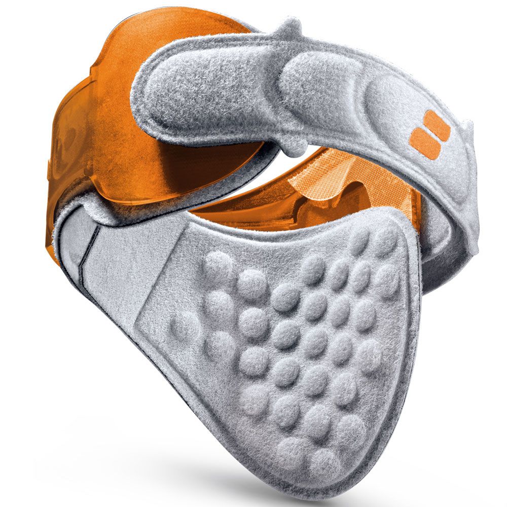 Orangefarbenes und graues Produkt. Das Produkt hat eine runde Form und ist mit einem Klettverschluss versehen.