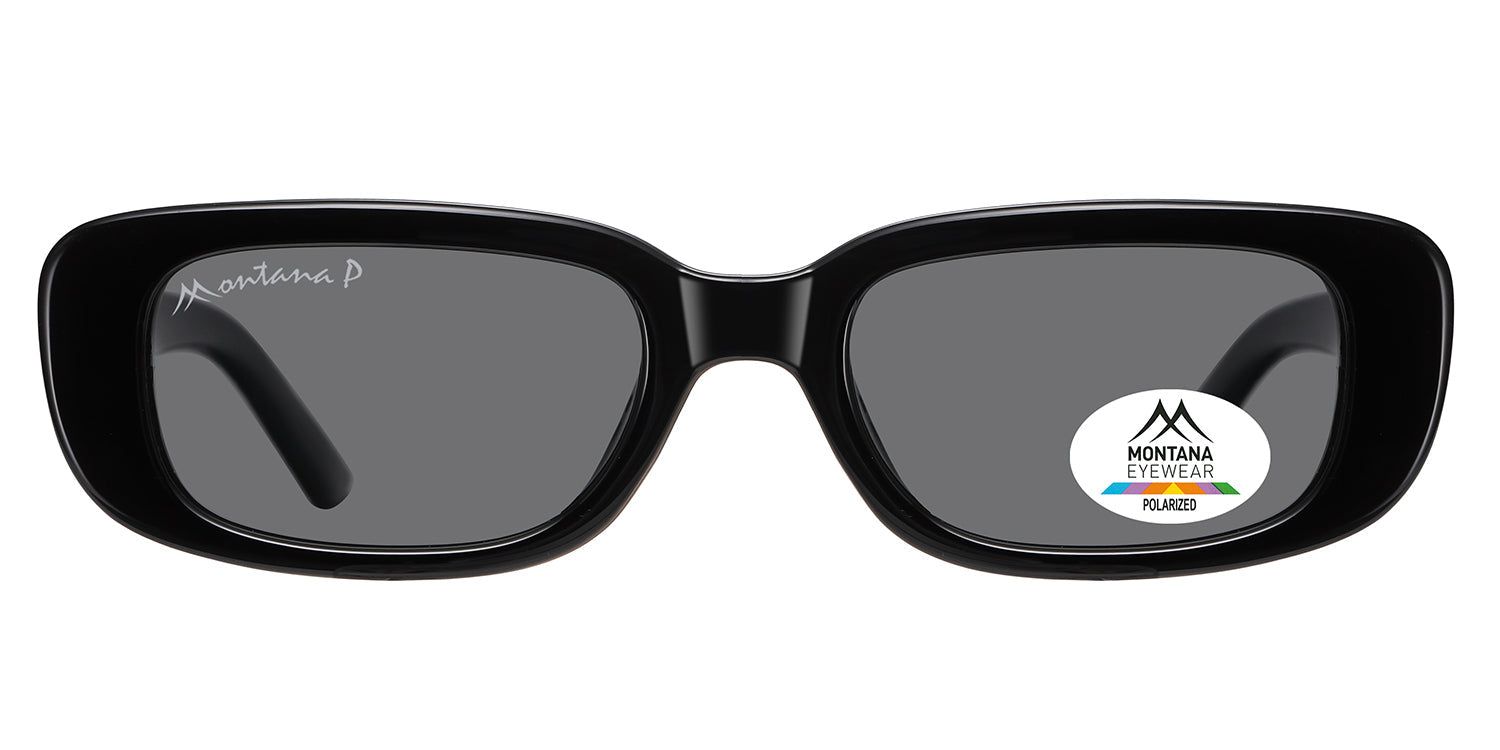 Schwarze Sonnenbrille mit rechteckigen Gläsern. Montana Eyewear Logo auf dem Glas und Bügel. Polarisierte Gläser.