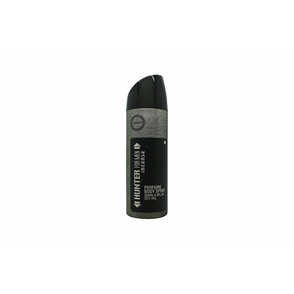 Körper-Spray-Flasche. Schwarz-graue Dose mit schwarzem Deckel. Aufschrift: HUNTER FOR MEN INTENSE. Text: PERFUME BODY SPRAY.