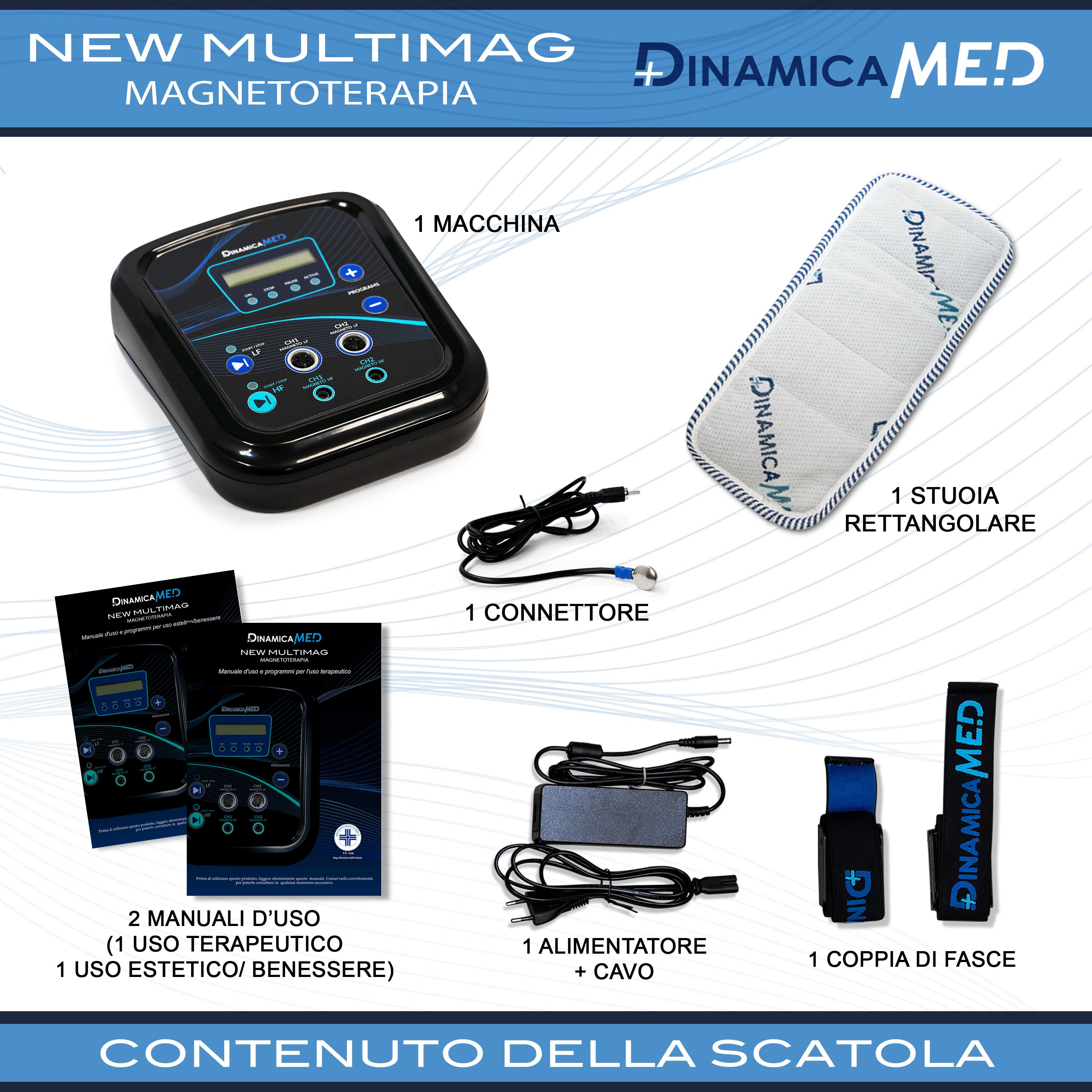 Magnetfeldtherapiegerät-Set: Steuergerät, 1 rechteckiger Diffusor, 1 Netzteil, 1 Kabel, 1 Paar Armbänder, 2 Handbücher.