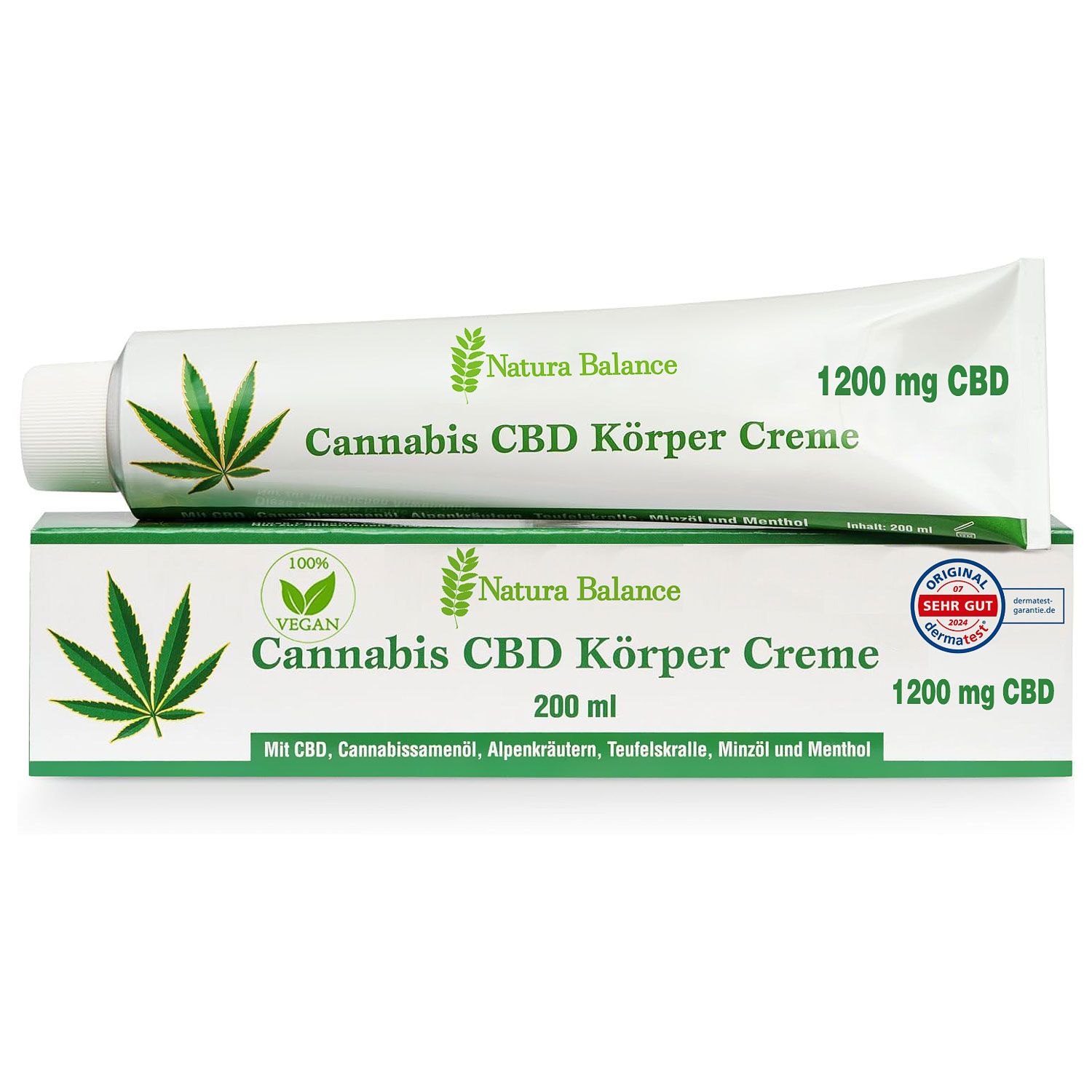 Natura Balance Cannabis CBD Körper Creme Tube und Faltschachtel, 200 ml, 1200 mg CBD.