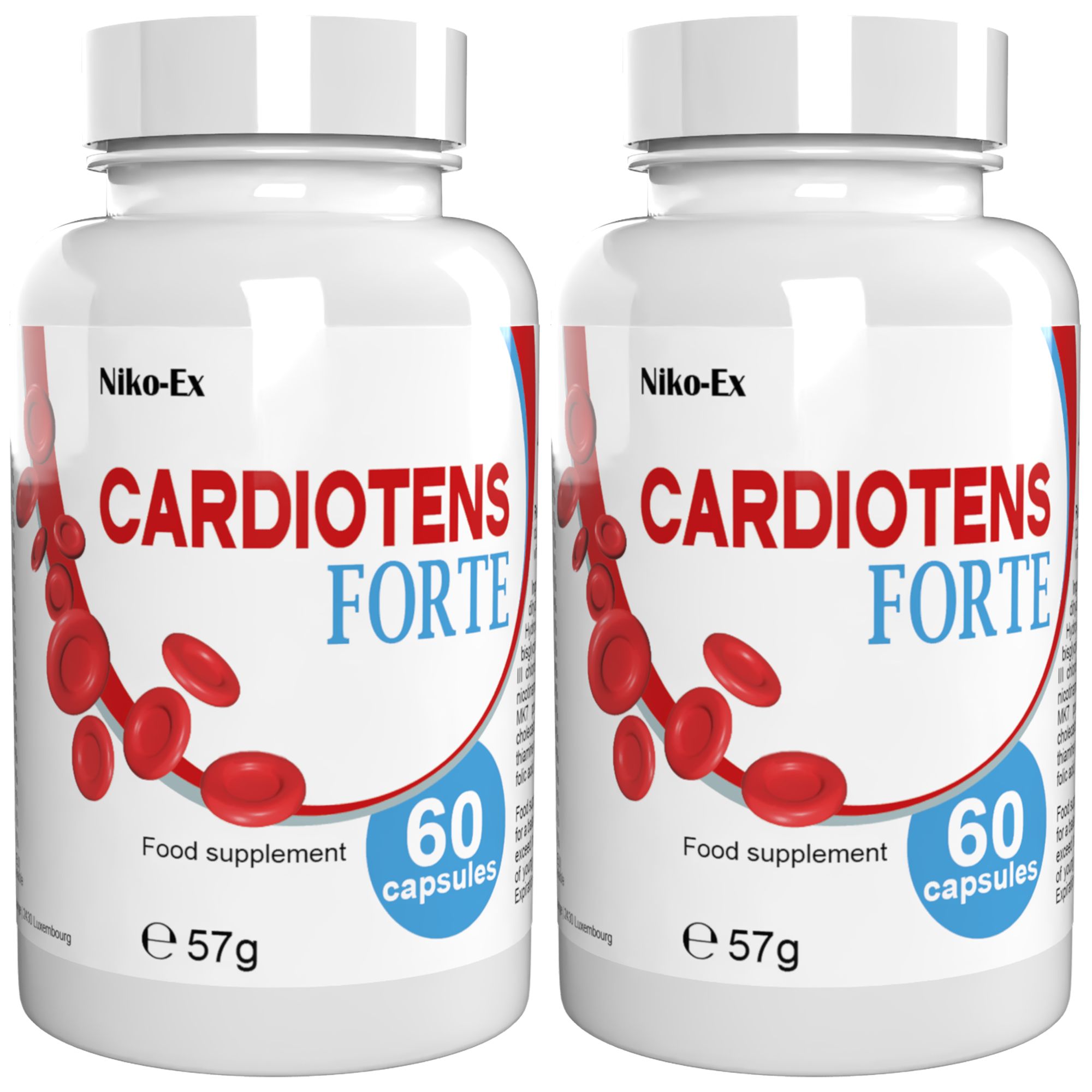 Zwei Flaschen Niko-Ex Cardiotens Forte, Nahrungsergänzungsmittel mit 60 Kapseln.