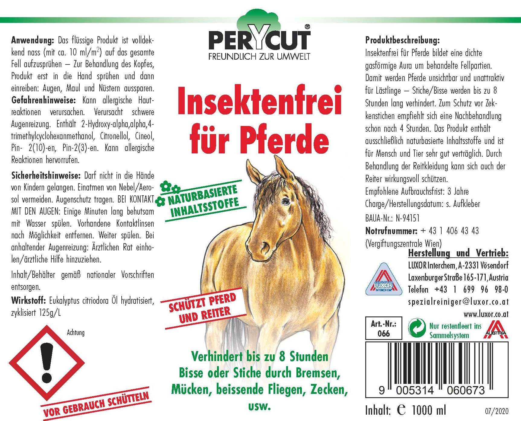 PERYCUT Insektenfrei für Pferde: Etikett mit Abbildung eines Pferdes, Text zu Insektenschutz und Anwendungshinweisen. 1000 ml.