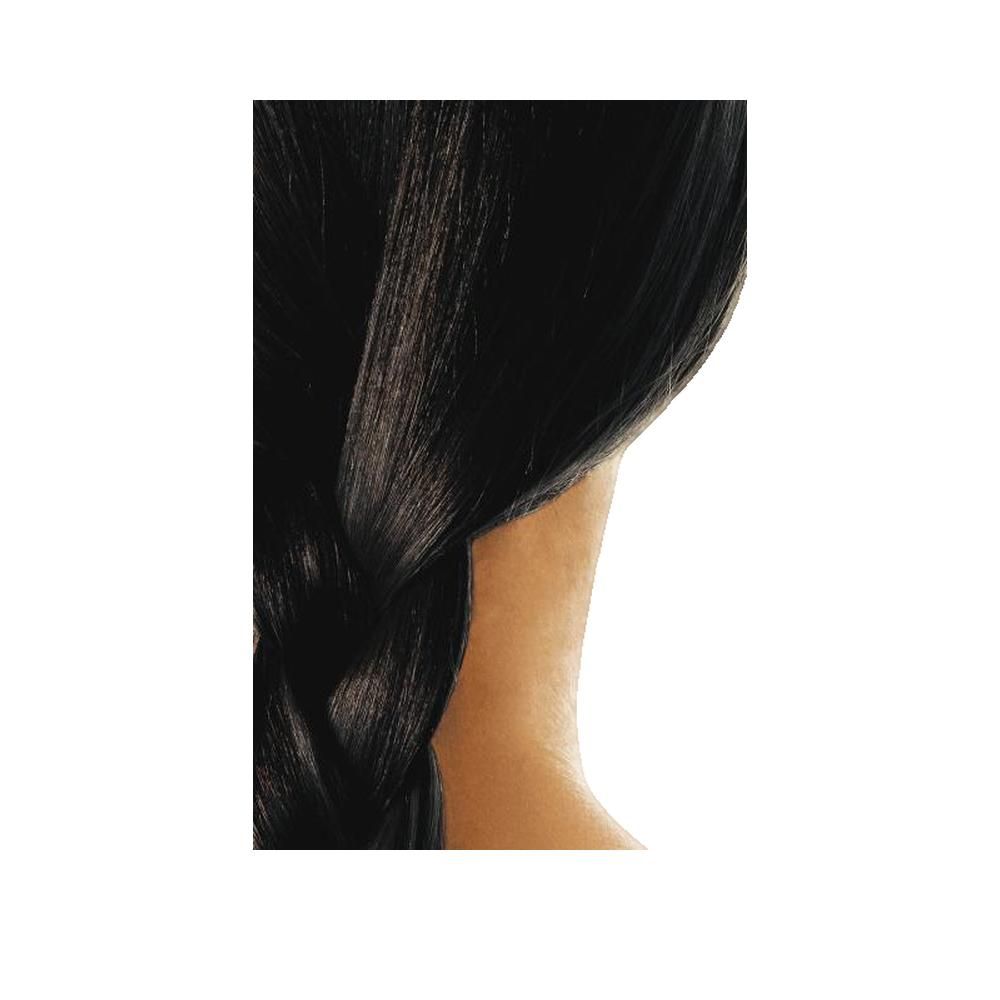 Nahaufnahme von geflochtenem, schwarzem Haar. Der Hals einer Person ist sichtbar.