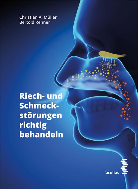 Buchcover mit blauem Hintergrund und Illustration der Nase. Titel: Riech- und Schmeckstörungen richtig behandeln. Autoren: Christian A. Müller, Bertold Renner.