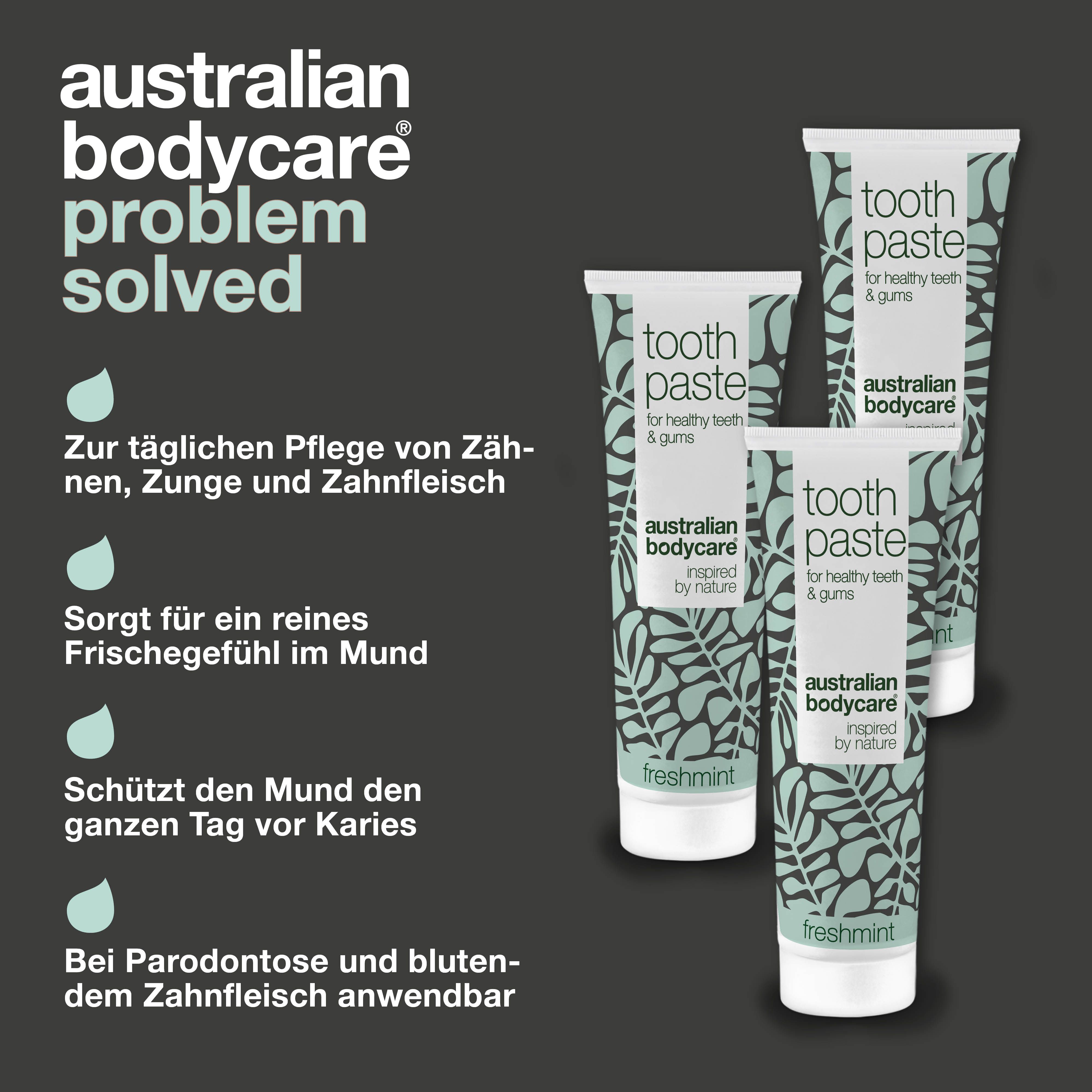 Zahnpasta-Tuben. Text: Zur täglichen Pflege von Zähnen, Zunge und Zahnfleisch. Australian Bodycare.