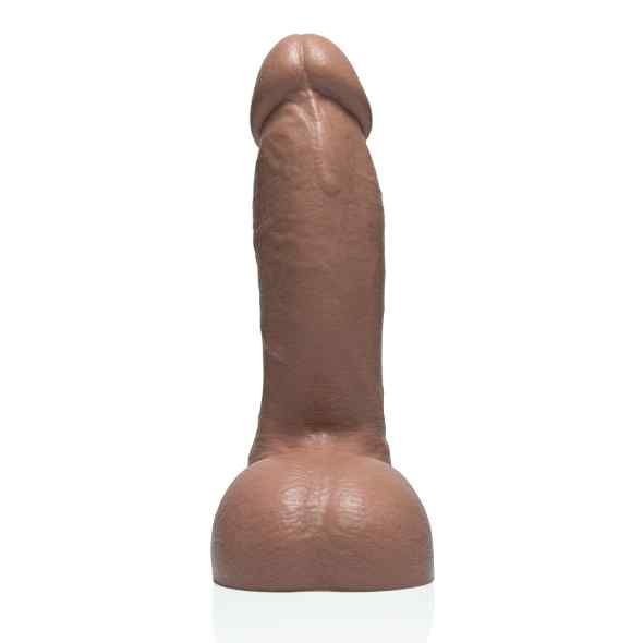 Brauner Dildo, aufrecht stehend. Anatomische Form, detaillierte Oberfläche. Auf weißem Hintergrund.