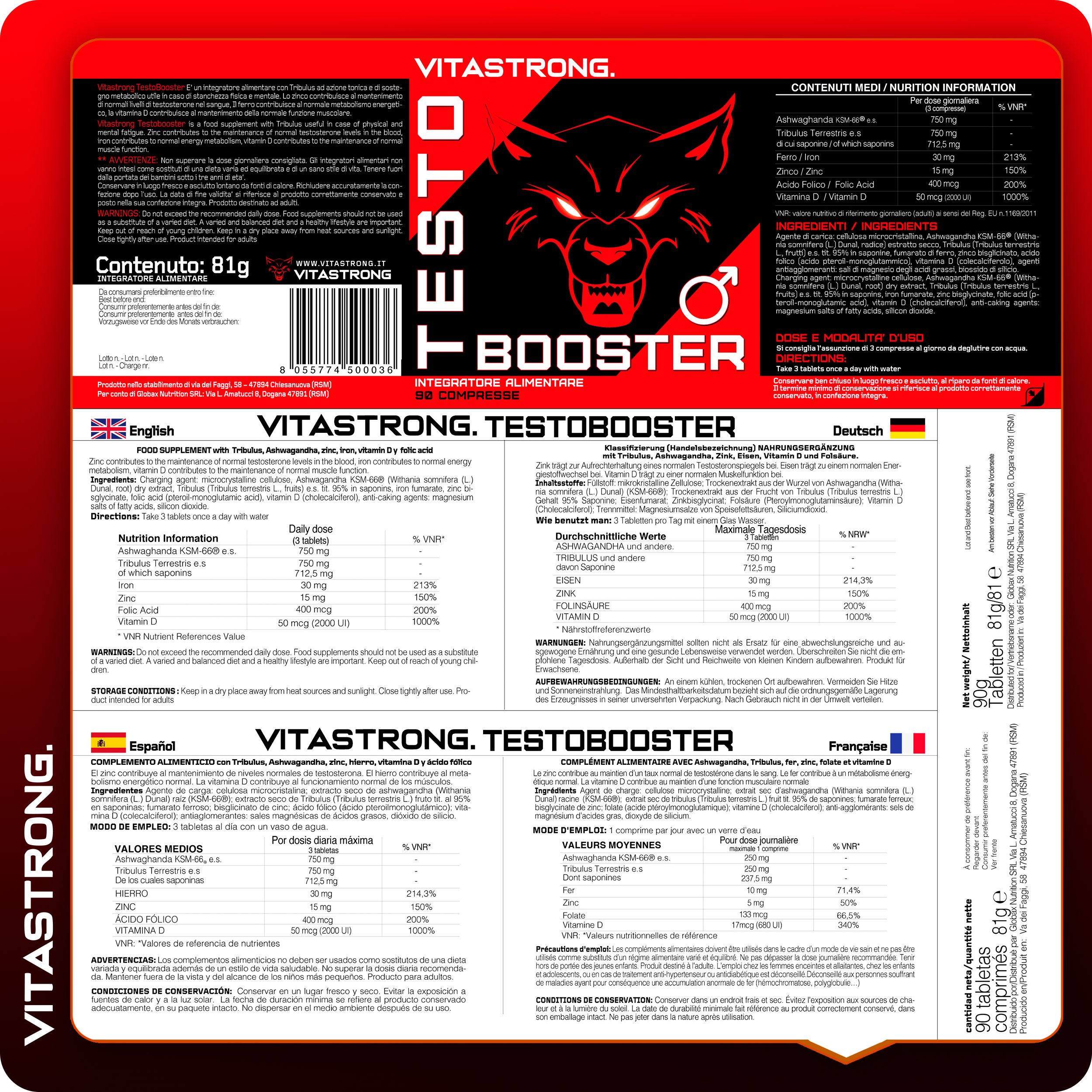 Vitastrong Testobooster, 90 Tabletten, in einer Flasche. Produktinformationen und Nährwertangaben.