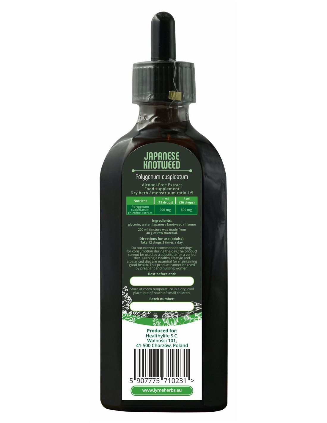 Rückseite einer braunen Glasflasche. Etikett mit Inhaltsstoffen und Nährwertangaben. "Japanese Knotweed" Schriftzug.