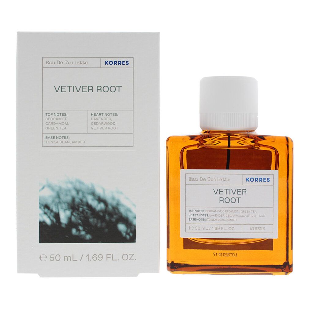 KORRES Vetiver Root Eau de Toilette Flakon und Verpackung. Weißer Karton mit Produktinformationen und grüner Grafik.