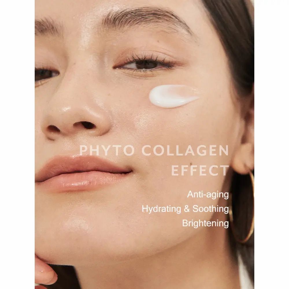 Gesicht mit Creme. Text: Phyto Collagen Effect, Anti-Aging, Hydrating & Soothing, Brightening.