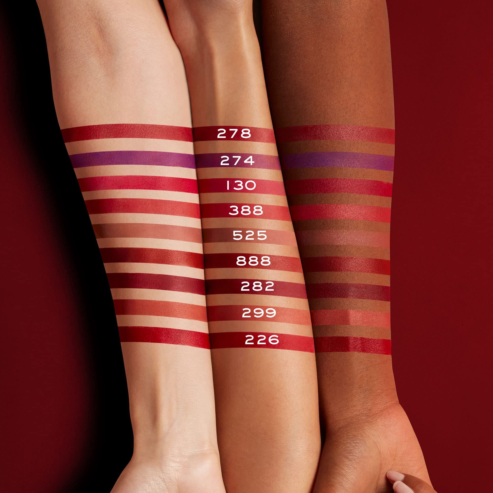Arme mit verschiedenen roten Lippenstiftfarben. Auf den Armen sind Farbtöne mit Nummern aufgetragen.