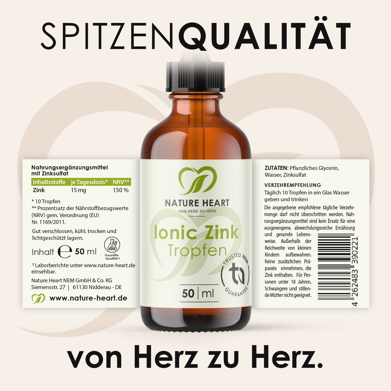 Braunglasflasche mit Tropfer, Etikett "Nature Heart", "Ionic Zink Tropfen", 50 ml. Text: "Spitzenqualität", Nährwertangaben, Zutaten.