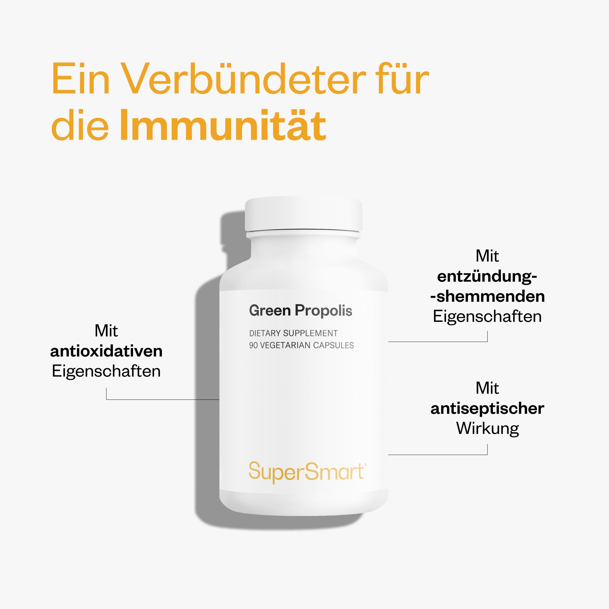 Weiße Flasche mit Green Propolis. 90 vegetarische Kapseln. Marke: SuperSmart. Text: Mit antioxidativen, entzündungshemmenden und antiseptischen Eigenschaften.