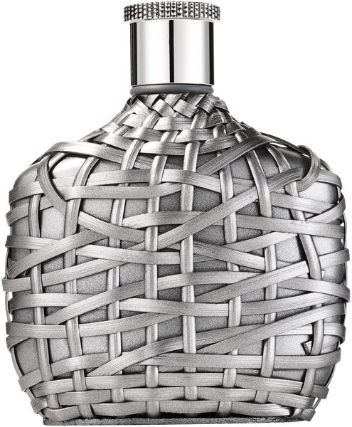 John Varvatos XX Artisan Eau de Toilette Flakon mit silbernem, geflochtenem Design und silbernem Verschluss.
