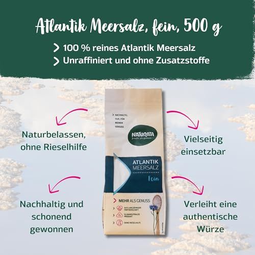 Naturata Atlantik Meersalz, fein, 500g. Produktinformationen: 100% reines Meersalz, unraffiniert.