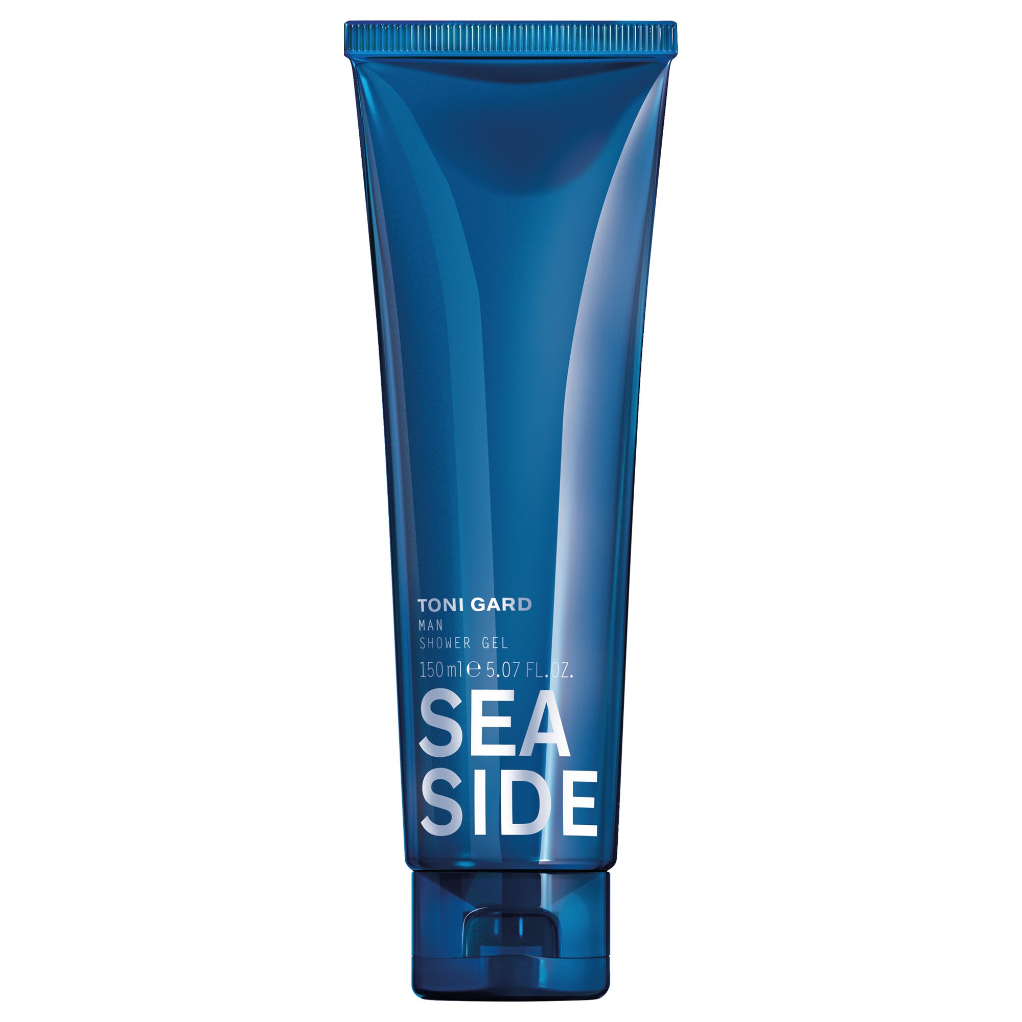 Blaues Duschgel-Tube. Text: TONI GARD MAN, SEA SIDE. 150ml.