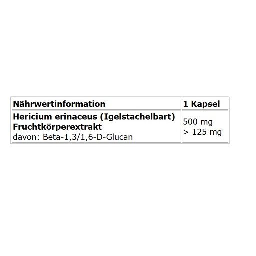 Nährwertinformationen. Text: Hericium erinaceus (Igelstachelbart) 500 mg, davon Beta-1,3/1,6-D-Glucan > 125 mg.