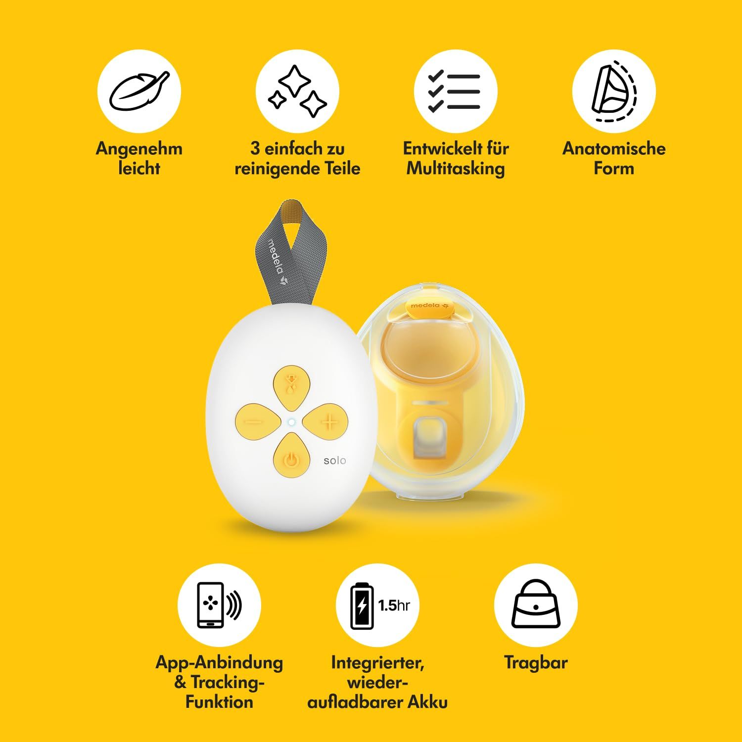 Milchpumpe mit gelben Elementen. Bedienfeld, transparente Gehäuse. Text: 3 Teile, multitasking, anatomische Form, App-Anbindung, Akku.