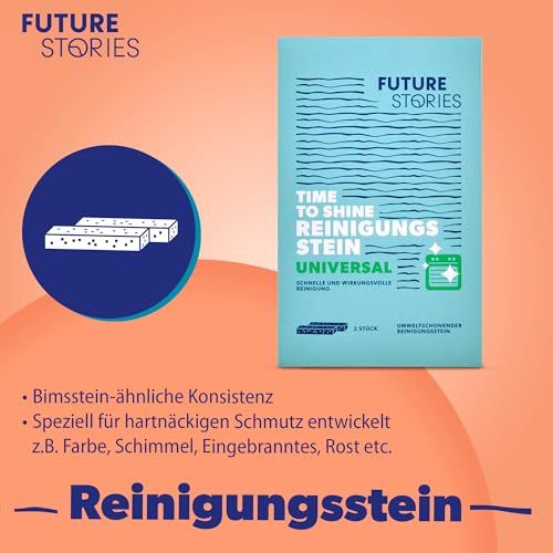 Blaue Verpackung mit Reinigungstein. Text: Time to Shine Reinigungsstein UNIVERSAL. 2 Stück. Für schnelle und wirkungsvolle Reinigung.