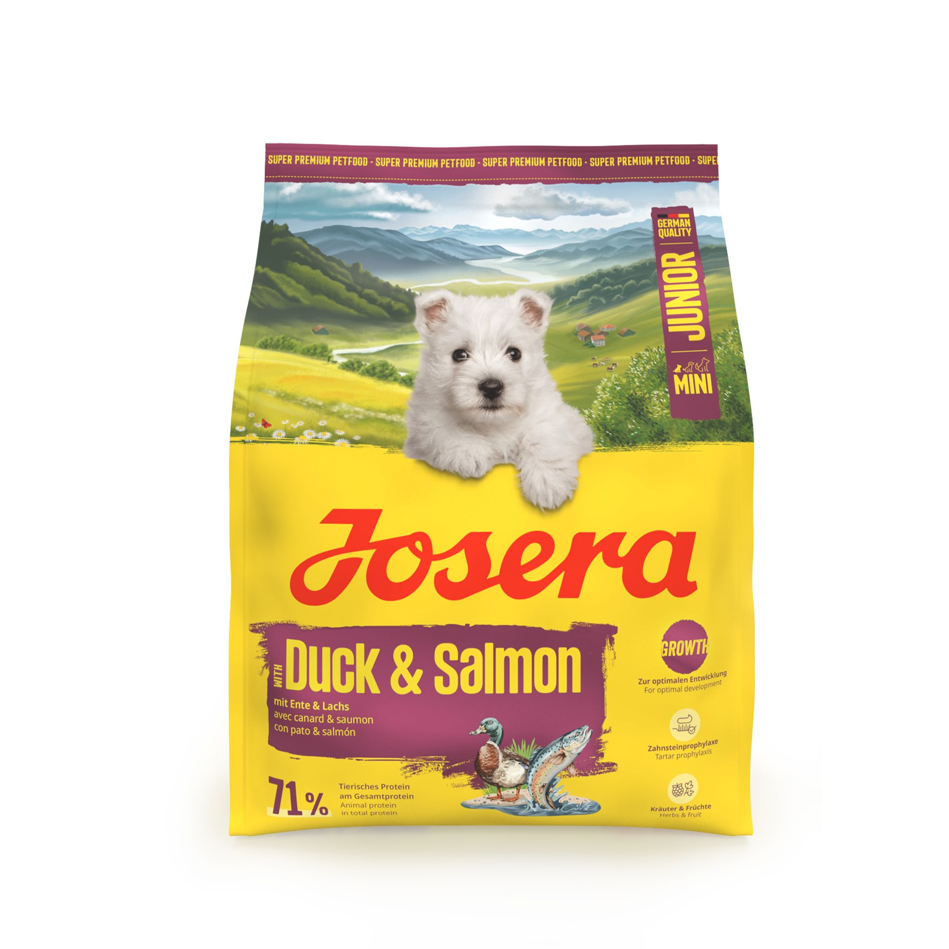 Josera Mini Junior Ente & Lachs Hundefutter-Sack mit süßem Welpenbild und Landschafts-Design.