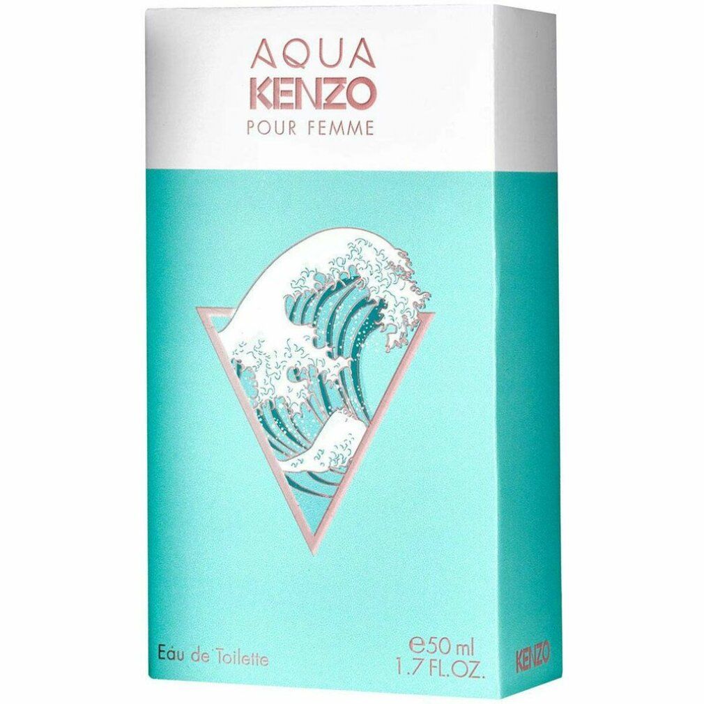 Türkisfarbene Schachtel mit "AQUA KENZO POUR FEMME" und Wellen-Design. Aufschrift "Eau de Toilette" und "e50 ml 1.7 FL.OZ.".