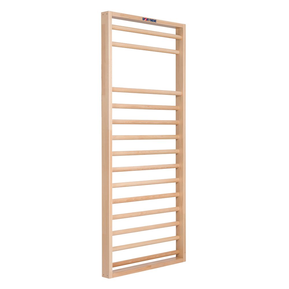 Sprossenwand aus Holz mit Sprossen. Rahmen und Sprossen aus hellem Holz. DIN-Zertifizierung.