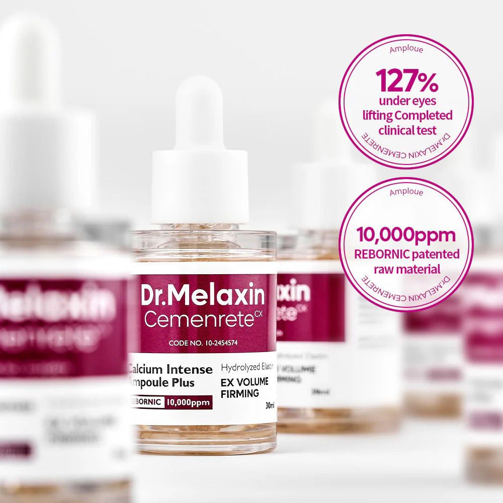 Mehrere Dr. Melaxin Cemenrete Ampullen, eine im Fokus, mit Textangaben zu klinischen Tests und Inhaltsstoffen.