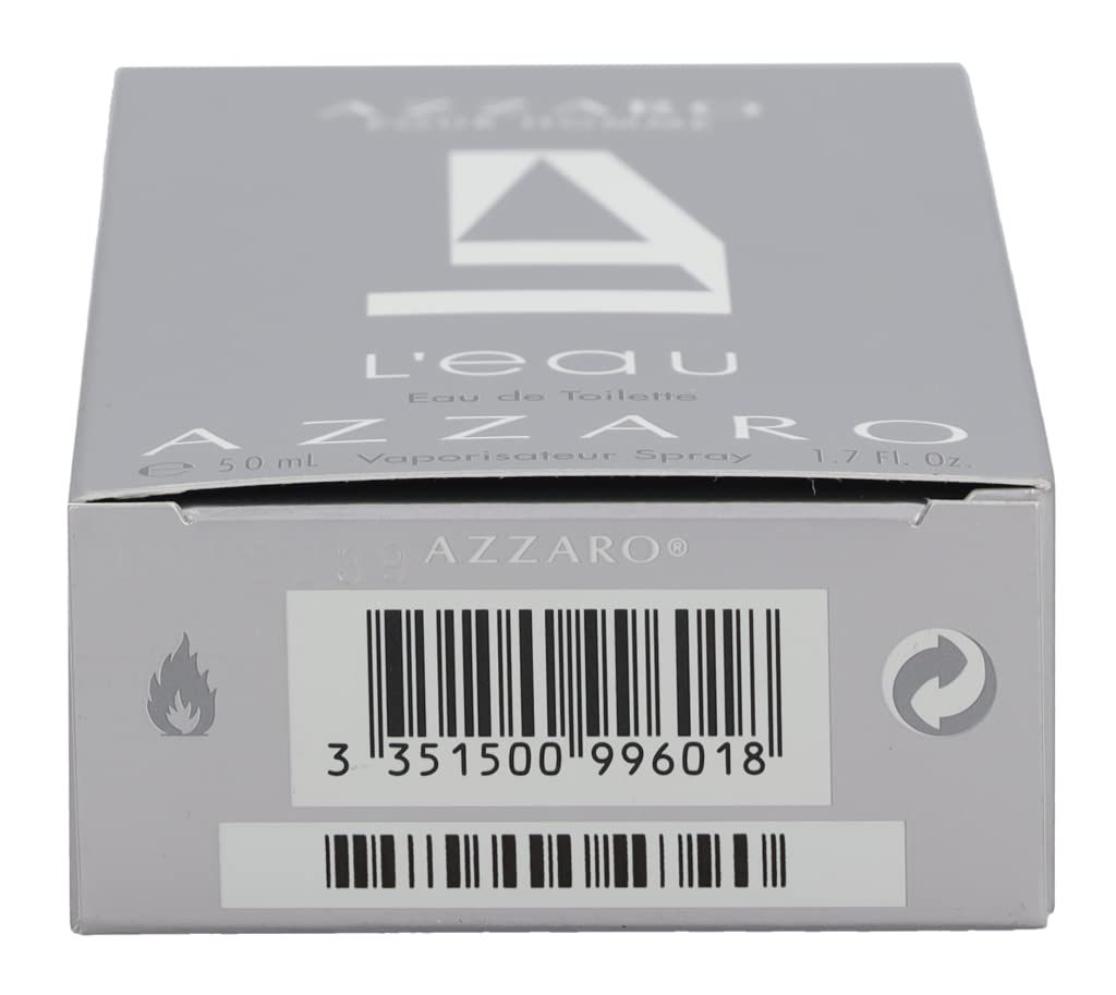 Oberseite der grauen Schachtel Azzaro Pour Homme L'Eau. Barcode, Recycling-Symbol und Flammen-Symbol.